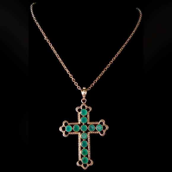 Nicky Butler Designer Signed Bronze Collection Green Chalcedony Cross Necklace main image 9